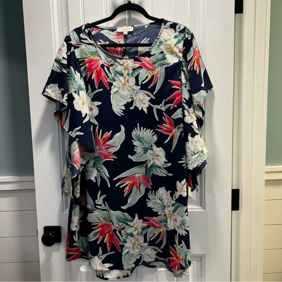 Umgee Blue Floral Tunic Dress with Pretty Ruffled Sleeves. Size L/XL. - Picture 1 of 9